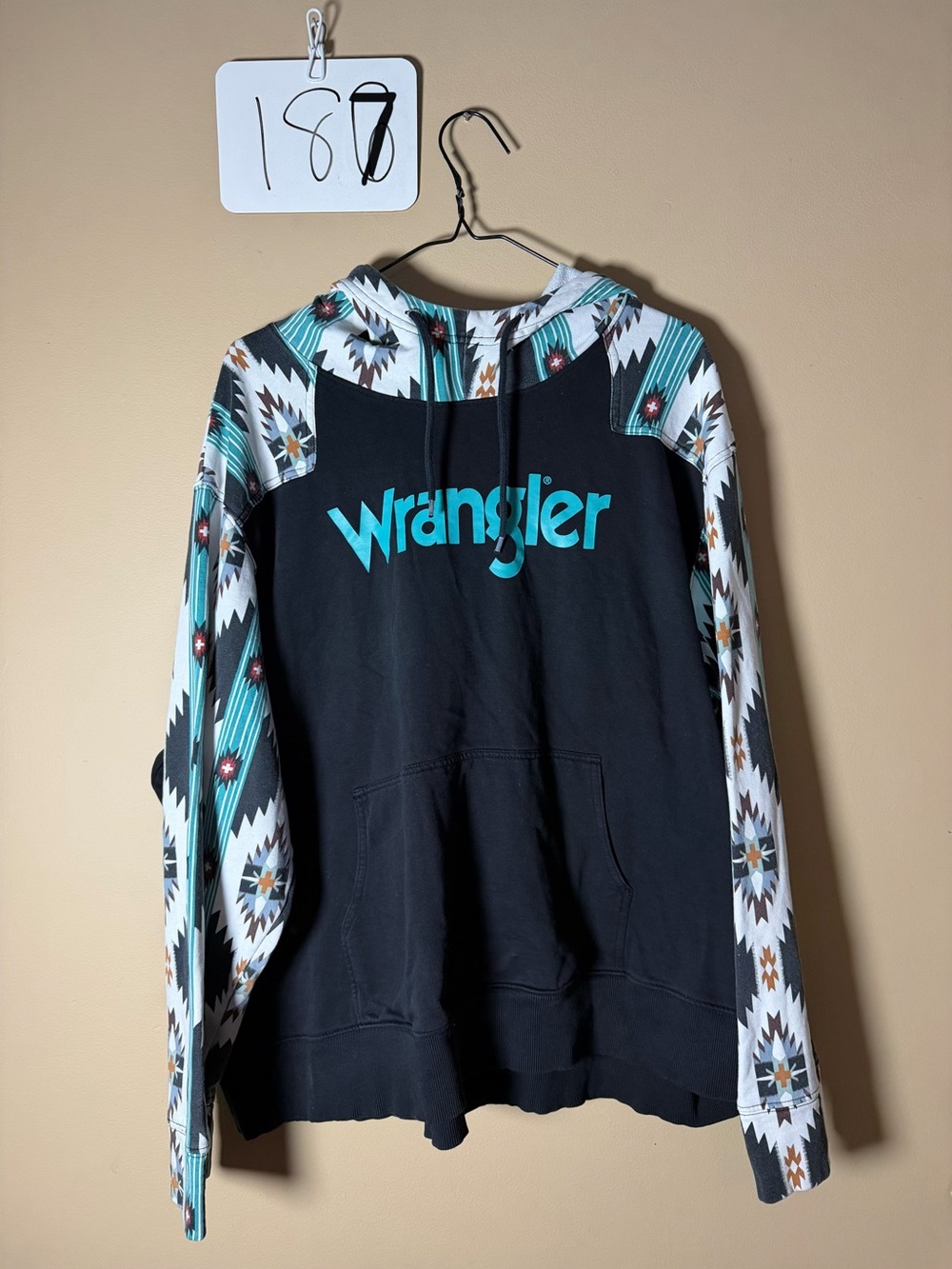 Wrangler Retro Black Hoodie Sweater with Turquoise Aztec Trim size 3xL